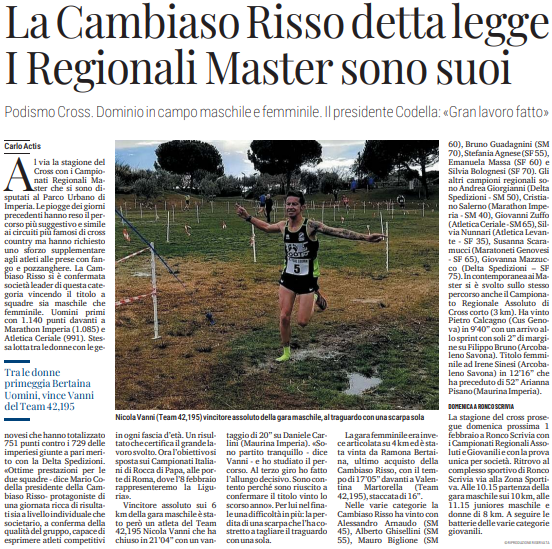 Articolo de Il Secolo XIX sui Campionati Regionali di Cross di Imperia.
